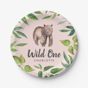 Watercolor Wild One Bear First Birthday   Blush Paper Plate