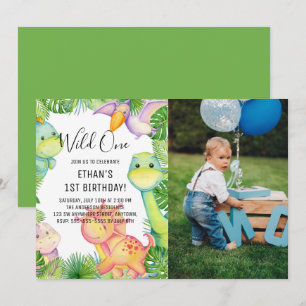 Watercolor Wild One Dinosaur 1st Birthday Photo Invitation
