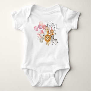 Watercolor Wild one Girl safari animals  Baby Bodysuit