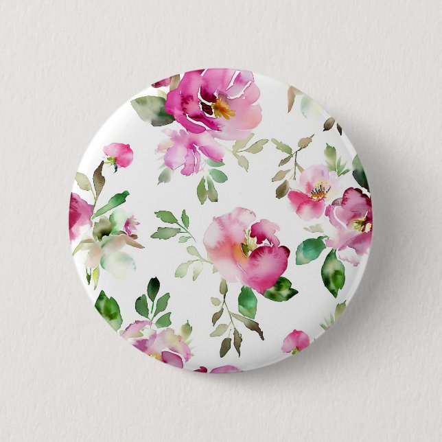 Watercolor Wild Rose Pattern 2 Inch Round Button (Front)