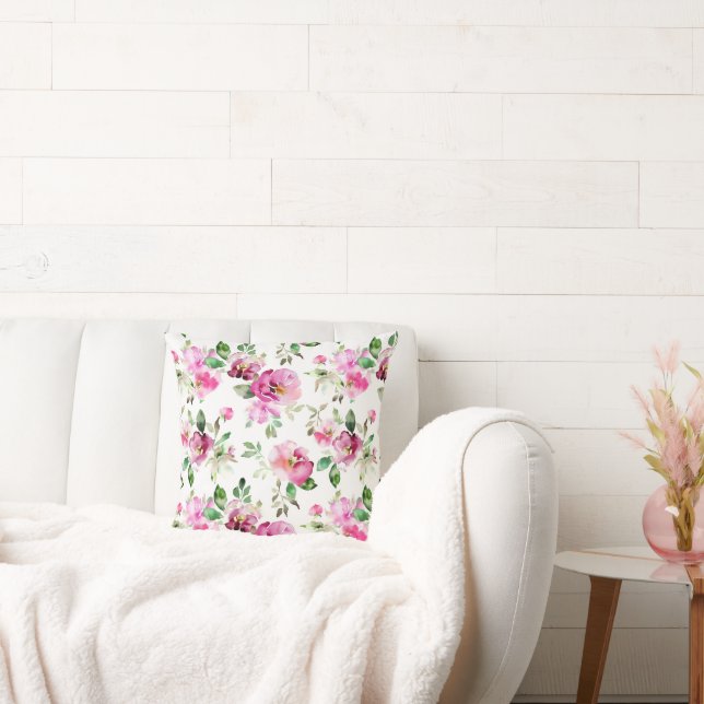 Watercolor Wild Rose Pattern Throw Pillow (Couch)
