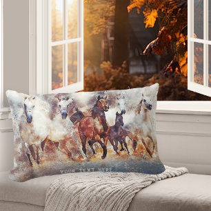 Watercolor Wild Running Horses Lumbar Pillow