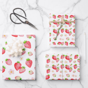 Watercolor Wild Strawberry Birthday Wrapping Paper Sheet