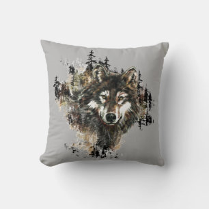 Watercolor Wild Wolf Mountain Animal Nature Art Throw Pillow