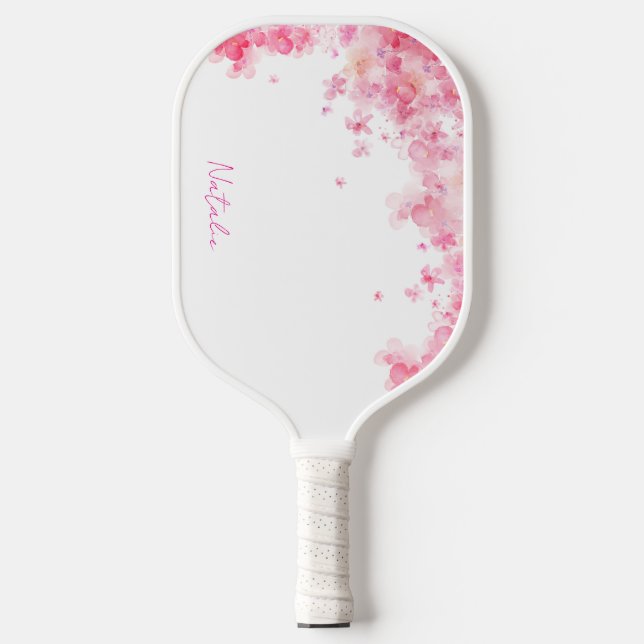 Watercolor wildfloral pink white name  pickleball paddle (Front)