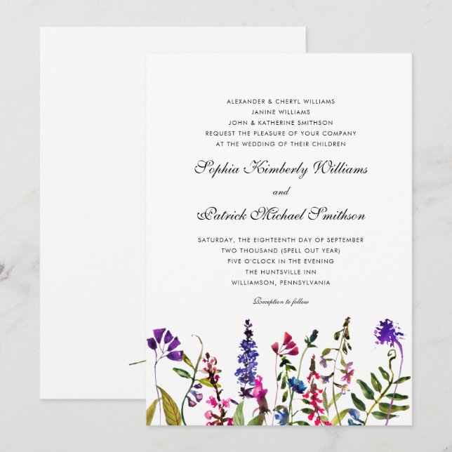 Watercolor Wildflower | 3 sets parents wedding  Invitation (Front/Back)