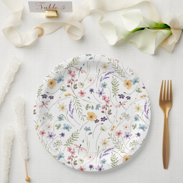 Watercolor Wildflower And Butterflies Pattern  Paper Plate (Wedding)