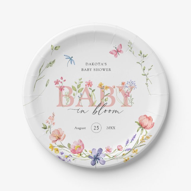 Watercolor Wildflower Baby in Bloom Welcome Paper Plate (Front)
