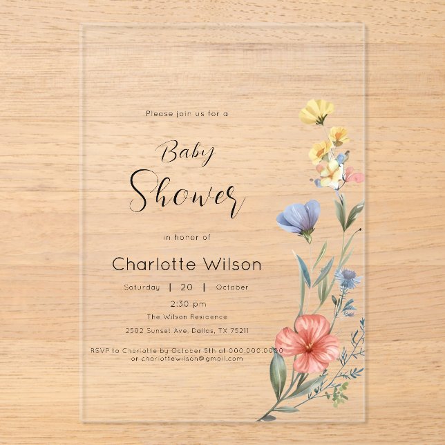 Watercolor Wildflower Baby Shower Acrylic Invitations (Front)