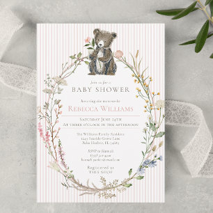 Watercolor Wildflower Baby Shower Woodland Bear  Invitation