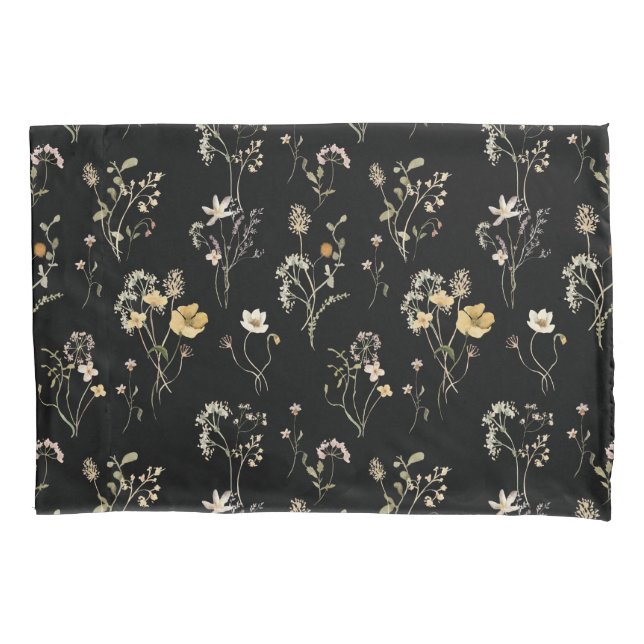 Watercolor Wildflower Black Botanical Delicate Pillowcase (Front)