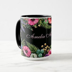 Watercolor Wildflower Black with Custom Name Mug