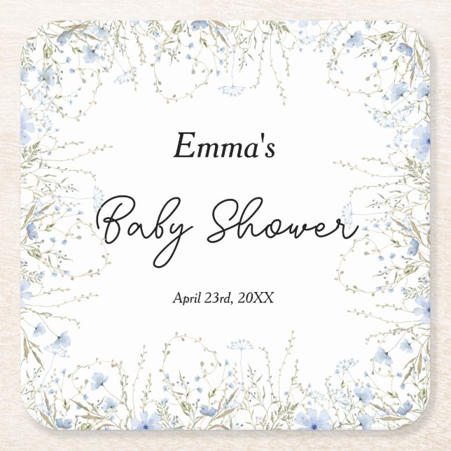 Watercolor Wildflower Blue Flower Baby Shower Square Paper Coaster (Front)