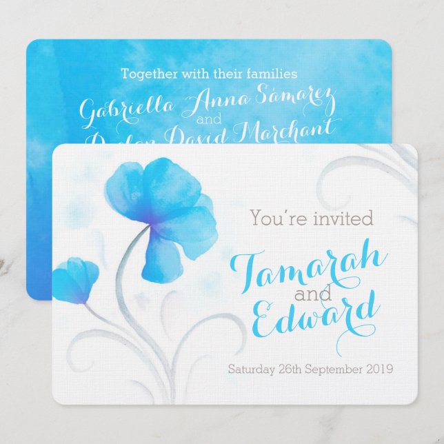 Watercolor wildflower blue grey wedding invite (Front/Back)
