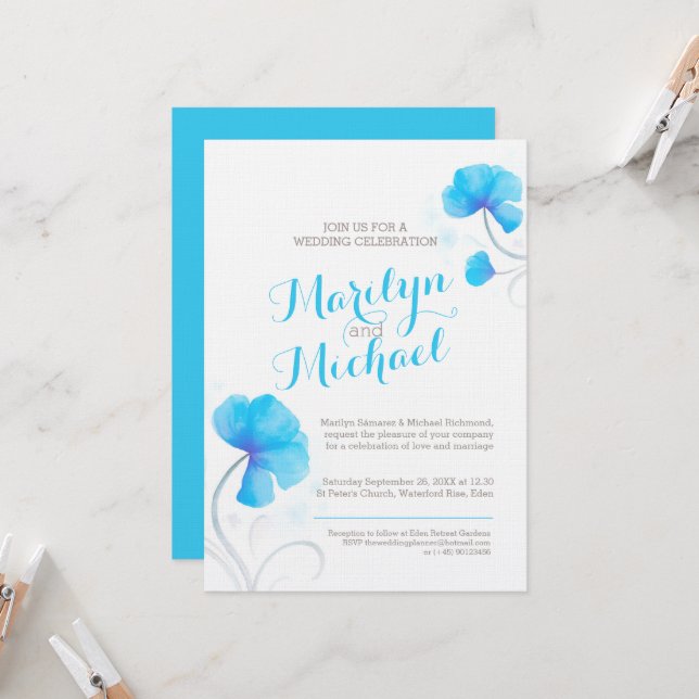Watercolor wildflower blue grey white wedding invitation (Front/Back In Situ)