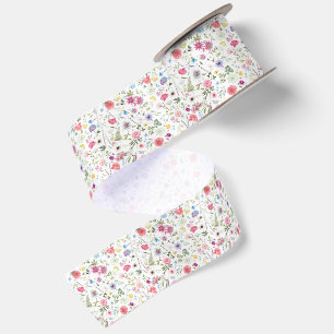 Watercolor Wildflower Botanical Garden Pattern Satin Ribbon