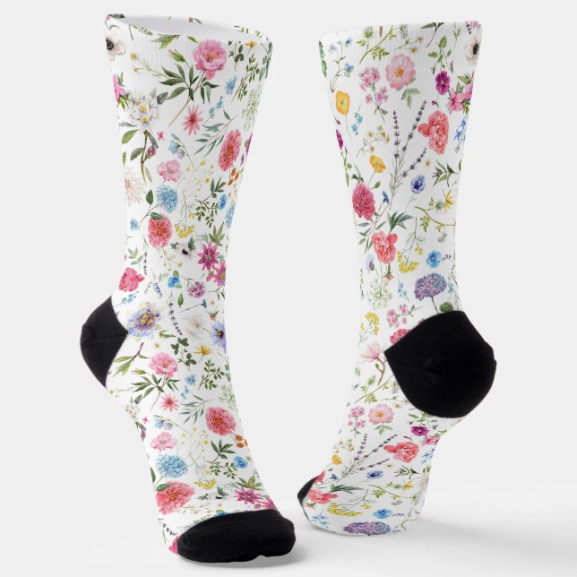 Watercolor Wildflower Botanical Garden Pattern Socks (Angled)
