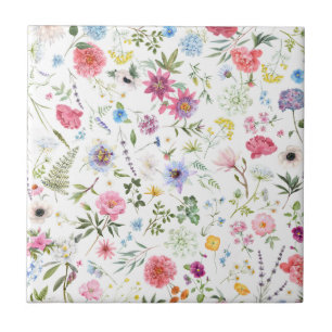 Watercolor Wildflower Botanical Garden Pattern Tile