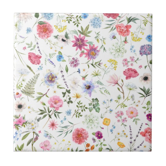 Watercolor Wildflower Botanical Garden Pattern Tile (Front)