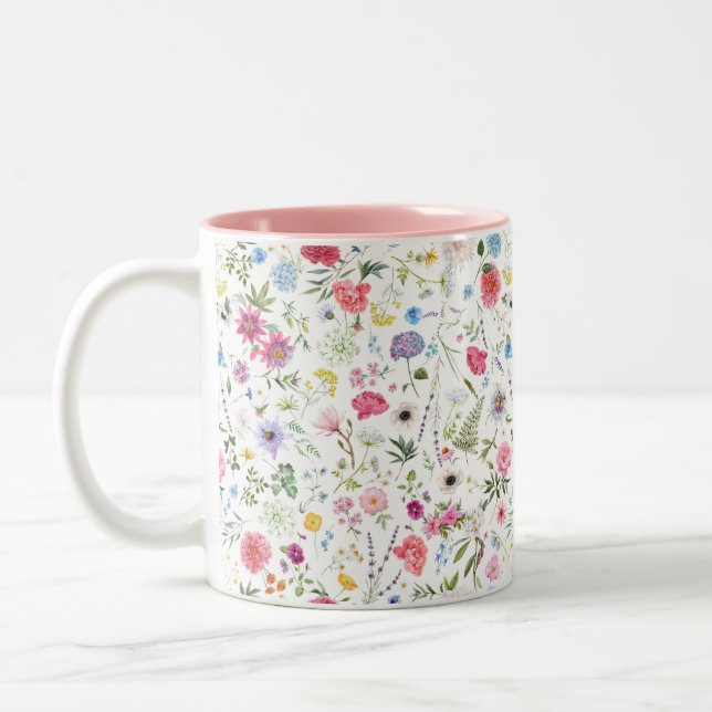 Watercolor Wildflower Botanical Garden Pattern Two-Tone Coffee Mug (Left)