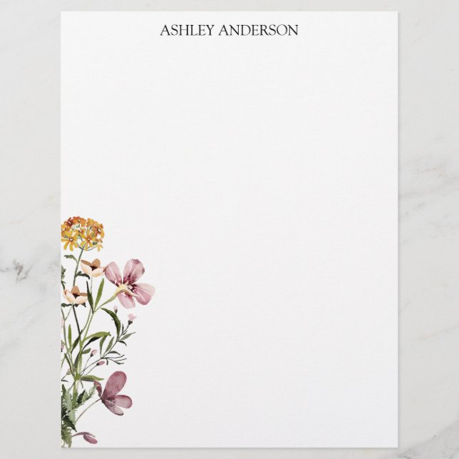 Watercolor Wildflower Bouquet #1 Personalized name Letterhead (Front)