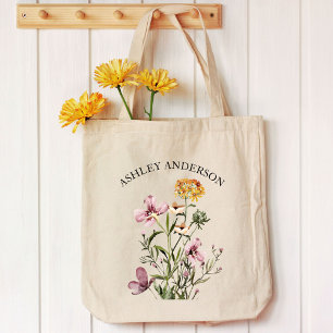 Watercolor Wildflower Bouquet #1 Personalized name Tote Bag