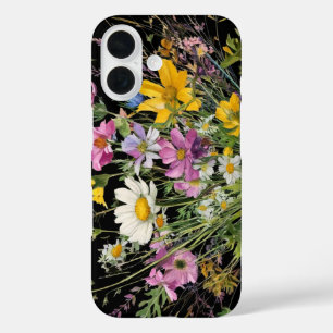 watercolor wildflower bouquet on black background iPhone 16 case