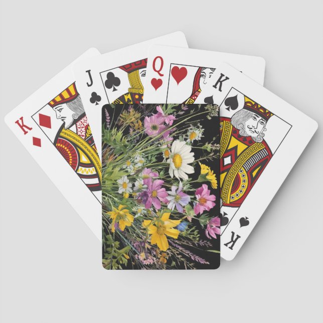 watercolor wildflower bouquet on black background playing cards (Back)
