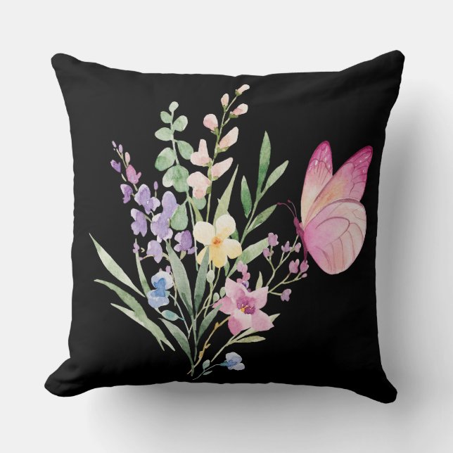 Watercolor Wildflower Bouquet with Pink Butterfly Throw Pillow (Front)