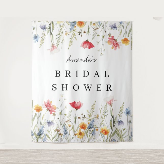 Watercolor Wildflower Bridal Shower Backdrop Tapestry (Front)