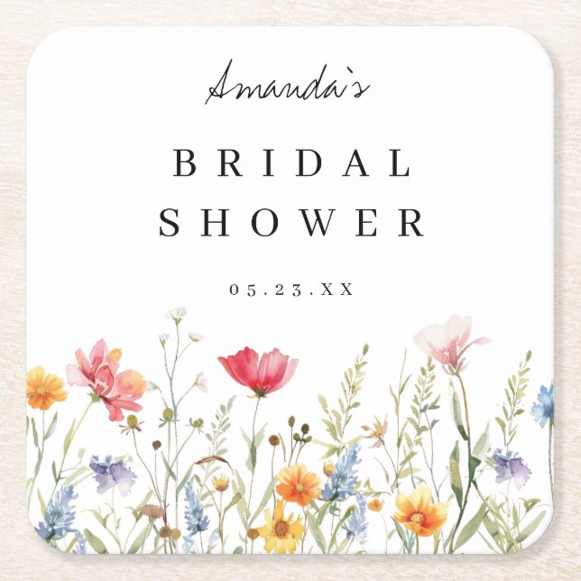 Watercolor Wildflower Bridal Shower Square Paper Coaster (Front)