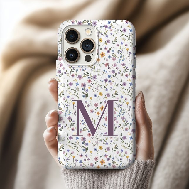 Watercolor Wildflower Bridesmaid Custom Initial iPhone Case (Floral monogram initial custom phone case bridesmaid mother’s day bachelorette party students gift)
