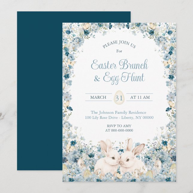 Watercolor Wildflower Bunnies Easter Sunday Brunch Invitation (Front/Back)