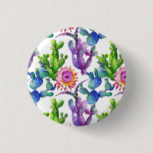 Watercolor Wildflower Cactus Pattern 1 Inch Round Button