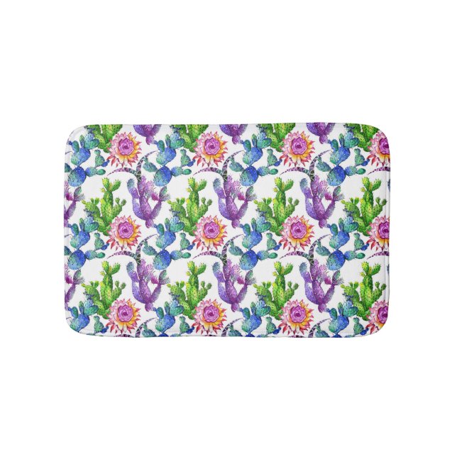 Watercolor Wildflower Cactus Pattern Bath Mat (Front)