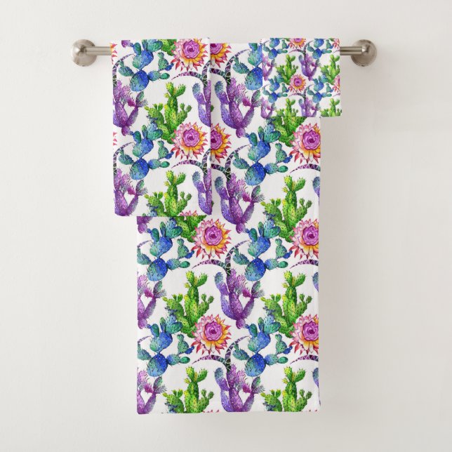 Watercolor Wildflower Cactus Pattern Bath Towel Set (Insitu)