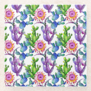 Watercolor Wildflower Cactus Pattern Glass Coaster