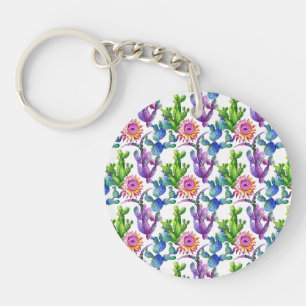 Watercolor Wildflower Cactus Pattern Keychain