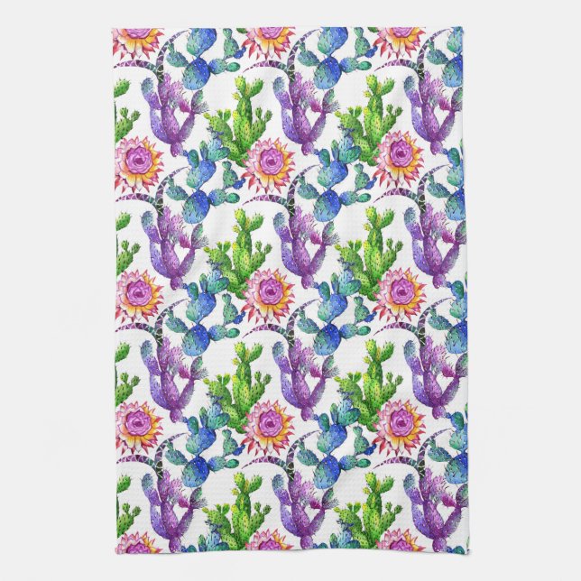 Watercolor Wildflower Cactus Pattern Kitchen Towel (Vertical)