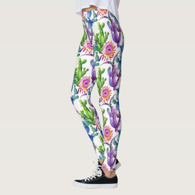 Watercolor Wildflower Cactus Pattern Leggings (Left)