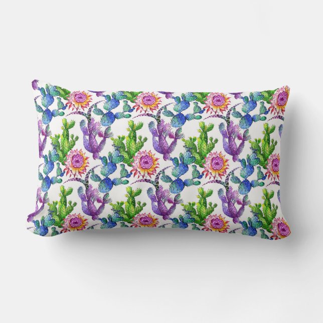 Watercolor Wildflower Cactus Pattern Lumbar Pillow (Front)