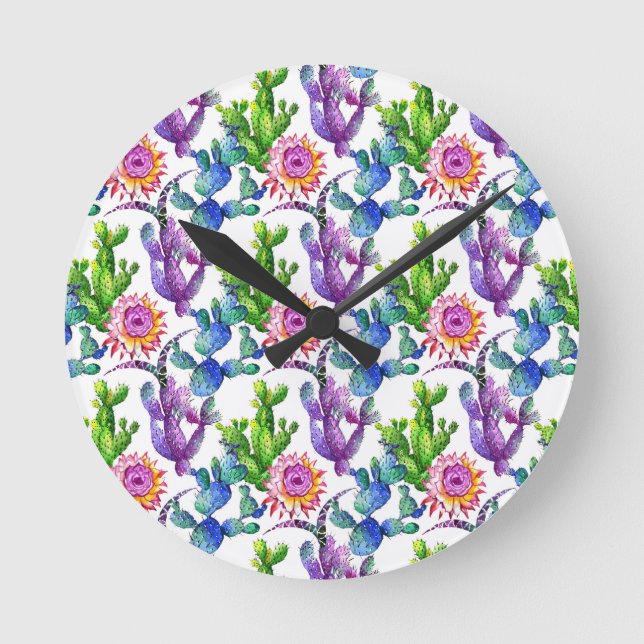 Watercolor Wildflower Cactus Pattern Round Clock (Front)