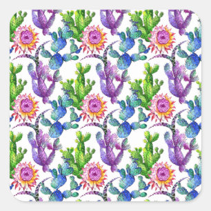 Watercolor Wildflower Cactus Pattern Square Sticker