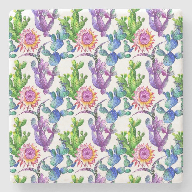 Watercolor Wildflower Cactus Pattern Stone Coaster (Front)