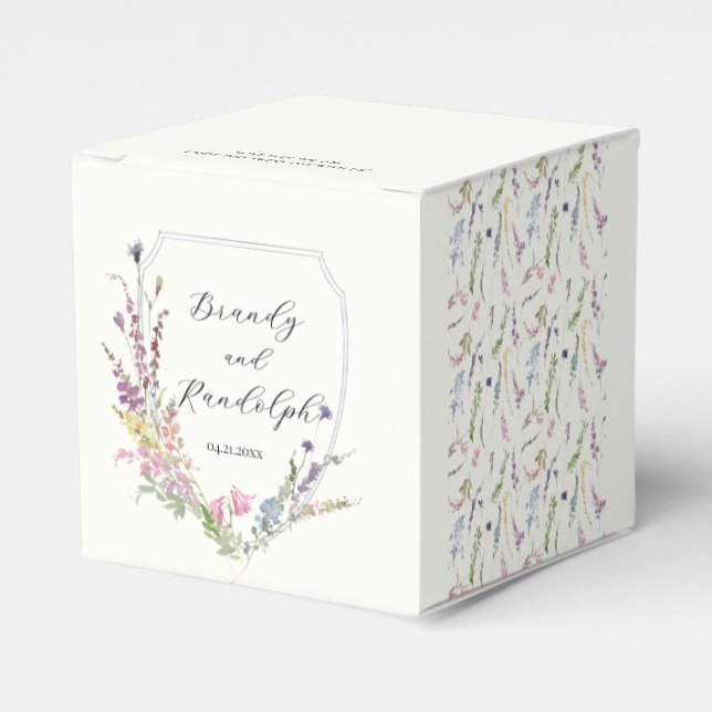 Watercolor Wildflower Crest Cube Favor Box (Front Side)