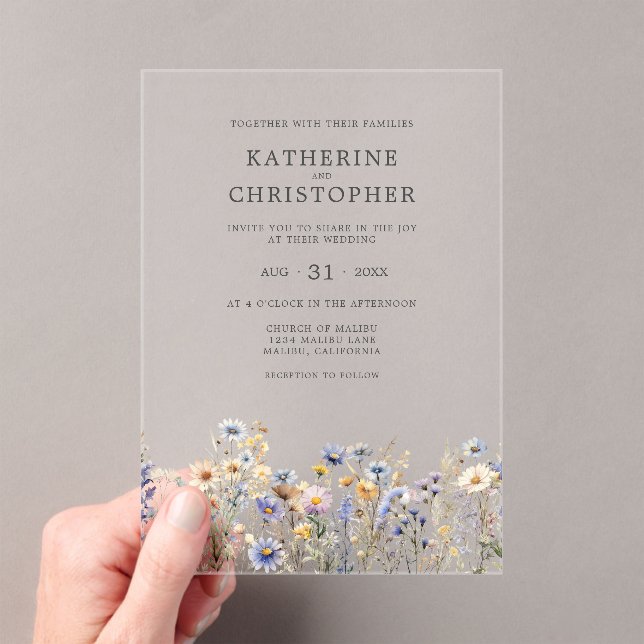 Watercolor Wildflower Elegant Dusty Blue Wedding Acrylic Invitations (Insitu (Handheld))