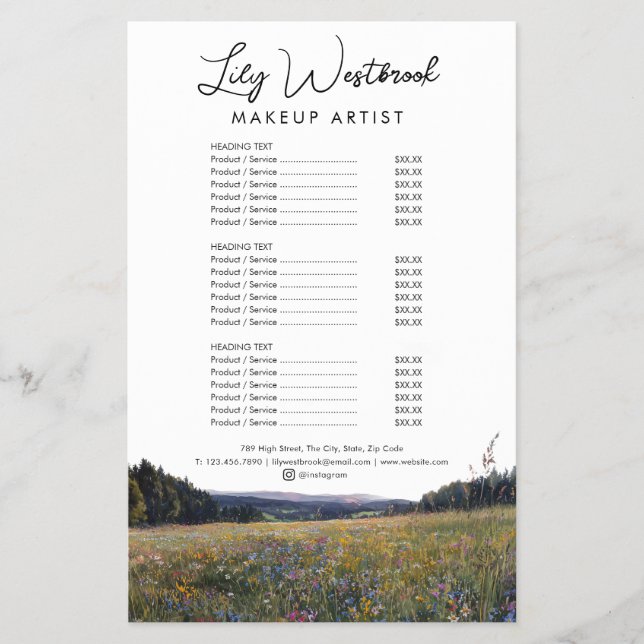 Watercolor Wildflower Floral Script Service Menu (Front)