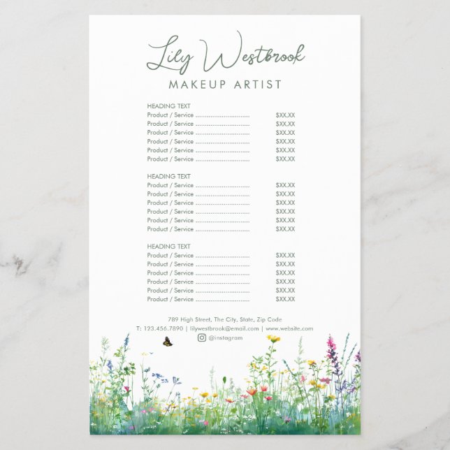 Watercolor Wildflower Floral Script Service Menu (Front)