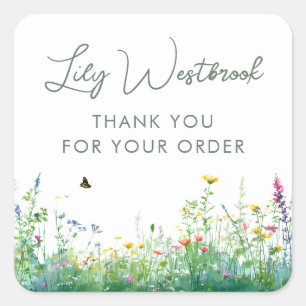 Watercolor Wildflower Floral Script Thank You Square Sticker