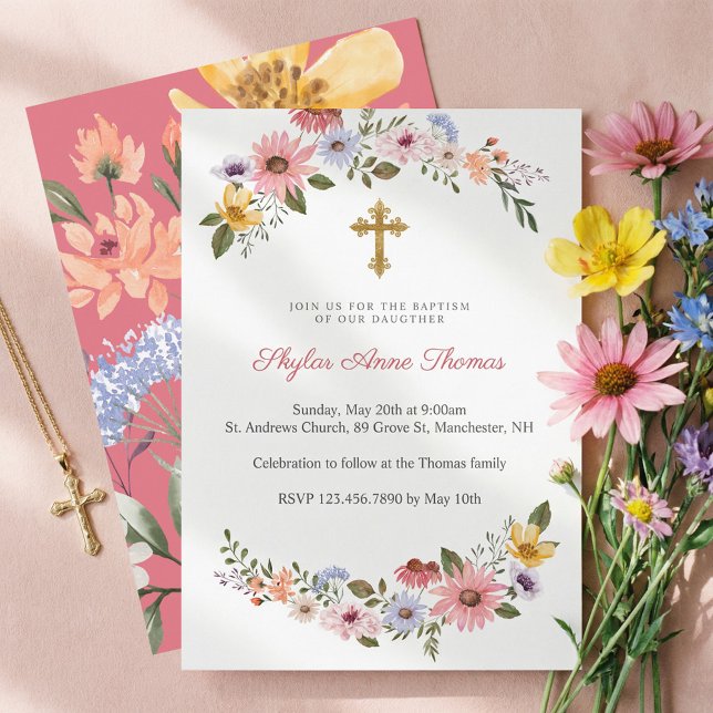Watercolor Wildflower Floral Wreath Baptism Invitation (Watercolor Wildflower Floral Wreath Baptism Invitation)